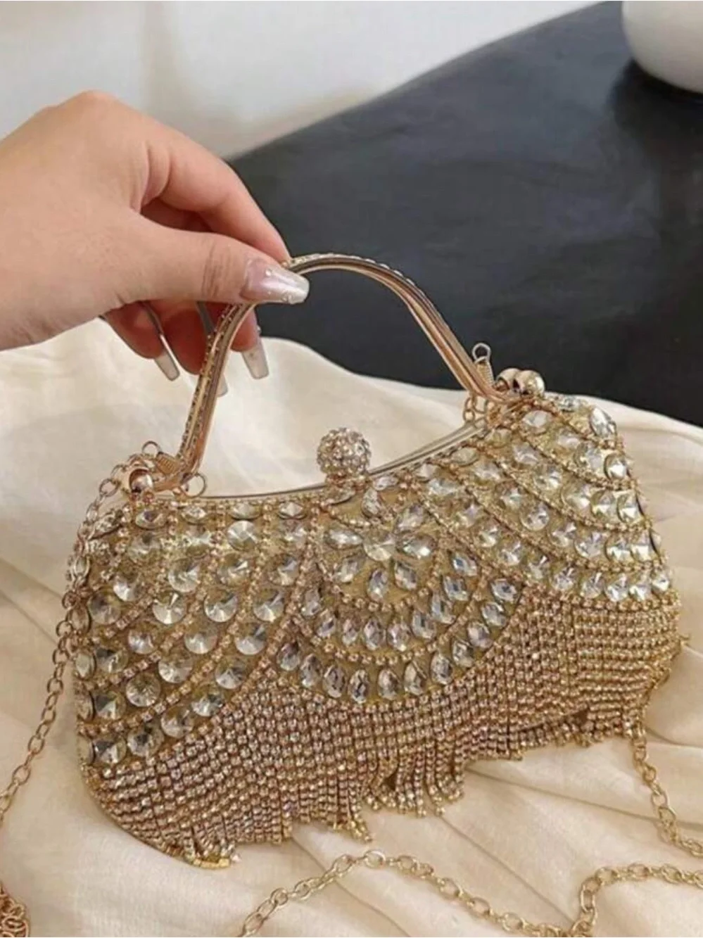 Gold Crystal Fringe Evening Clutch Handbag